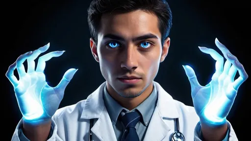 Prompt: Mexican medical student, white coat, friendly expression, mysterious bluish light, transforming at midnight, glowing eyes, distorting and lengthening hands, claw transformation, detailed facial features, 3D rendering, mysterious, intense gaze, midnight blue lighting, supernatural transformation, high quality, detailed, realistic, medical student, mysterious transformation, glowing eyes, claw hands, intense expression