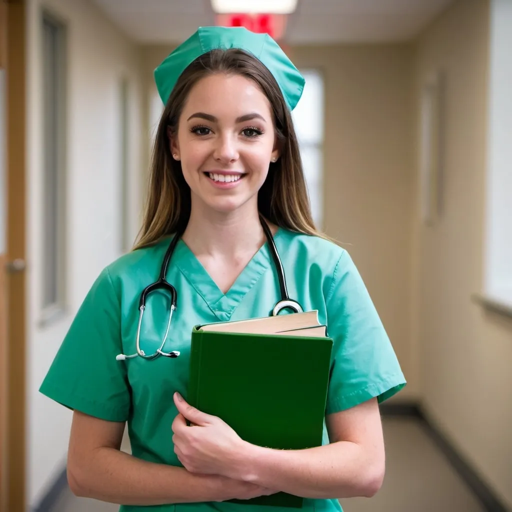 Prompt: student nurse in green holding books happy