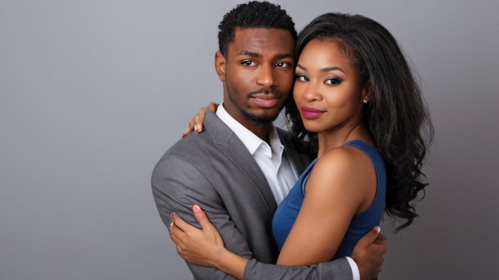 Prompt: grey background. things you should never allow your woman to do with another man. interacial