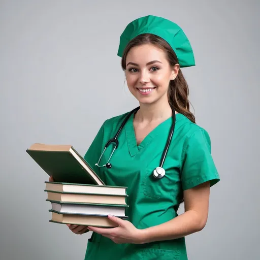 Prompt: student nurse in green holding books happy. no backgroung on the image