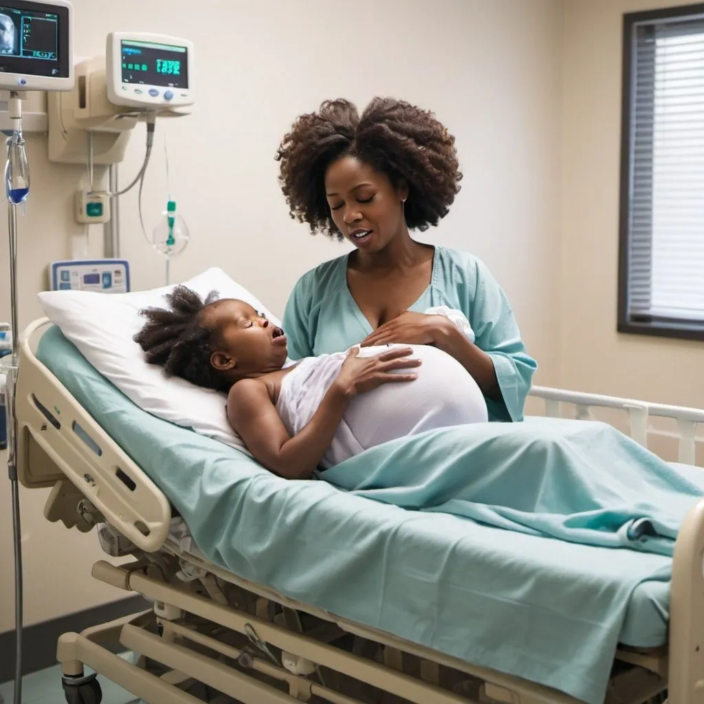 Prompt: a picture of a beautiful black woman giving birth a soul entering her stomach and a baby coming out of her. she has cloths on in a hospital bed