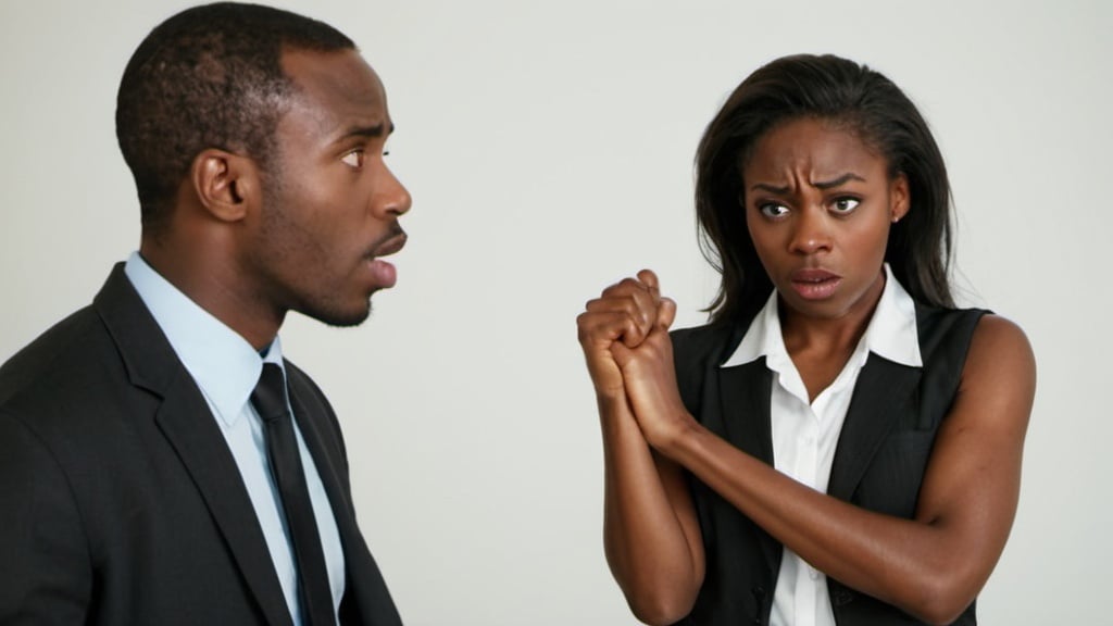 Prompt: a black man  refusing advances from a black, pretty woman. WOMAN holding tight and tie and man shocked and refusing
