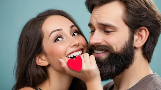 Prompt: happy couple, woman touching mans beards