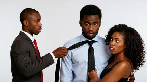 Prompt: a black man  refusing advances from a black, pretty woman. WOMAN holding tight and tie and man shocked and refusing
