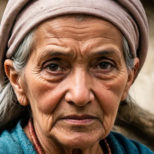 Prompt: an old wise woman closeup BUT NOT TO CLOSE . ful head and head gear can be seen
