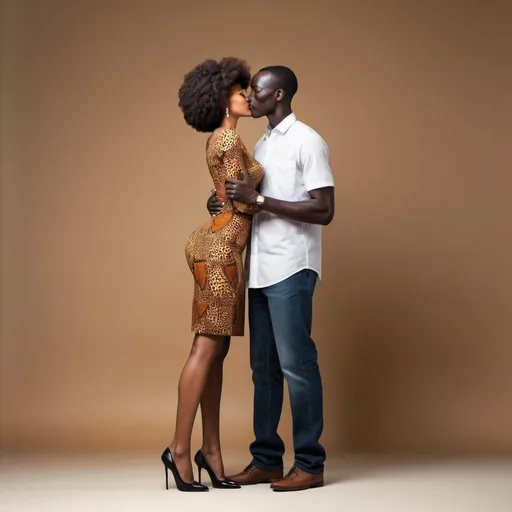 Prompt: create an unrealistic image of an african man who has very tall legs twice as a normal human  leaning toward a very prety brown woman for a kiss
