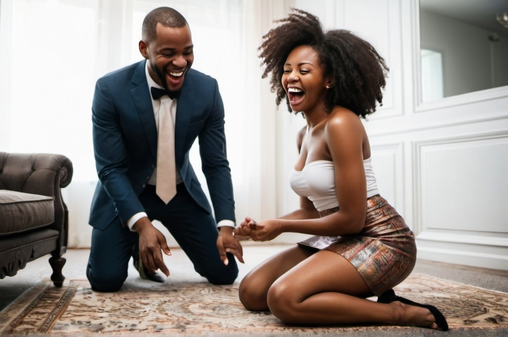 Prompt: beautiful black woman about to remove skirt. standing on a carpet. a wealthy man looking at her laughing
