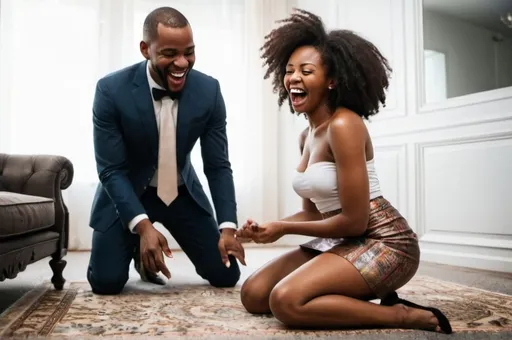 Prompt: beautiful black woman about to remove skirt. standing on a carpet. a wealthy man looking at her laughing
