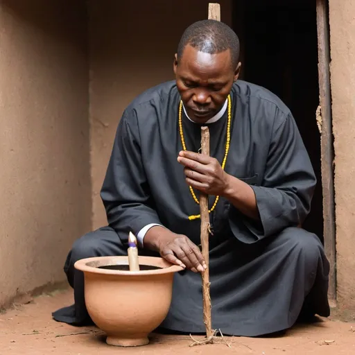 Prompt: an African pastor practicing witchcraft while hiding. 