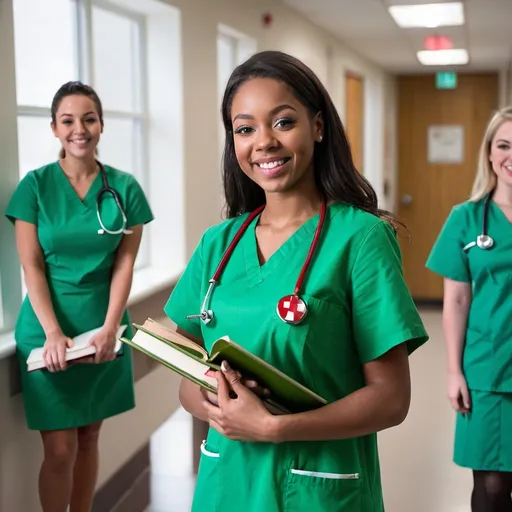 Prompt: student nurse in green holding books happy