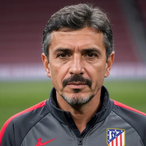 Prompt: A middle-aged Latino coach of a successful Atletico de Madrid team with gray in a short beard and straight hair.
