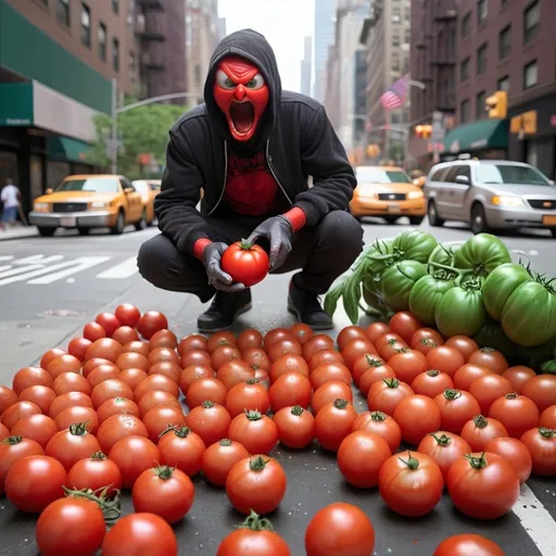 Prompt: crazy assasins tomatoes killing people in new york city streets