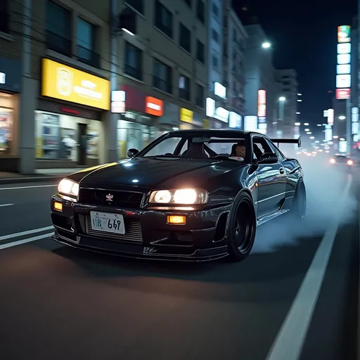 Prompt: tokio drifting a nissan r34 in the night in downtown