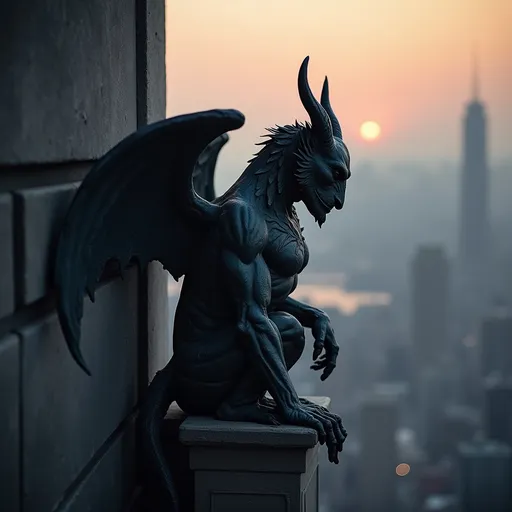 Prompt: gargoyle dark grey, sitting in the corner of an skyscraper just before sunrise 