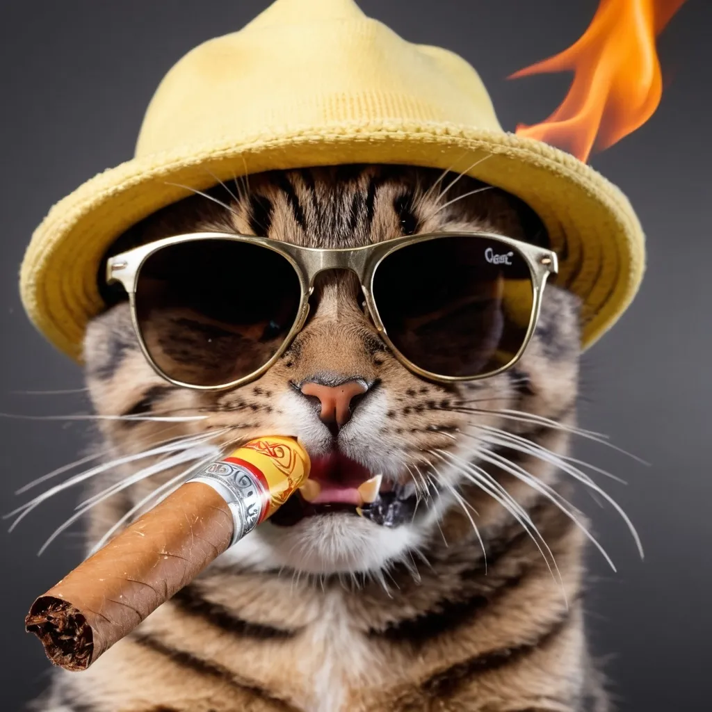 Prompt: Cat with burning ciggar in mouth and hat and shades