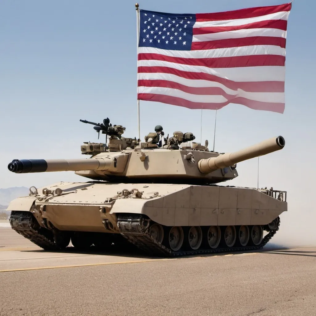 Prompt: Legendary picture of America’s large military with an American flag behind it