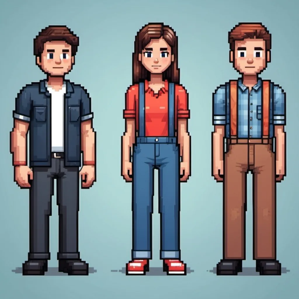 Prompt: Create 6 pixel characters 3 men and 3 women in home, outdoor and work clothes.