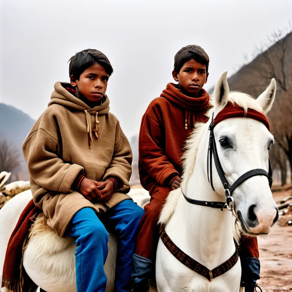 Prompt: Two teenage boys from a poor tribe wearing warm clothes sitting on a white horse