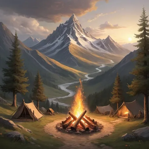 Prompt: I’m creating an analogy that represents peoples path on an adventure. I want to show a campfire, mountains, and a trail that loops around the mountain. Almost taking inspiration from the Lord of the rings type scenes.
