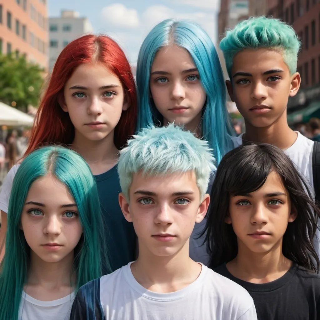 Prompt: Portrarit art. Five teenagers (15-20) are in city square. Three girls and two boys of dirrent ethnicity. One boy has blue hair and eyes, the other boy has red hair and eyes. One girl has white hair and eyes, another girl has black hair and eye, and the last girl has green hair and eyes.