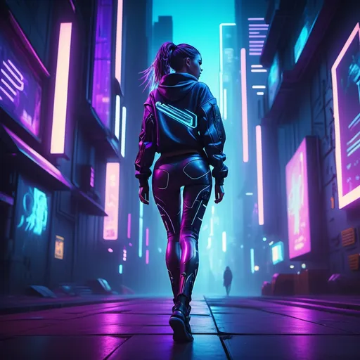 Prompt: (full body female figure), walking backwards, looking to the side, (cyberpunk style clothing), vibrant neon lights, futuristic cityscape backdrop, high-tech architecture, atmospheric glow, cool tone colors like blue and purple, intricate details on clothing, (HD), cinematic ambiance, dynamic pose, reflective surfaces, urban night scene.