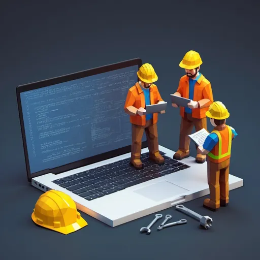 Prompt: low poly Construction men working with tools on a laptop showing CODING script on it 