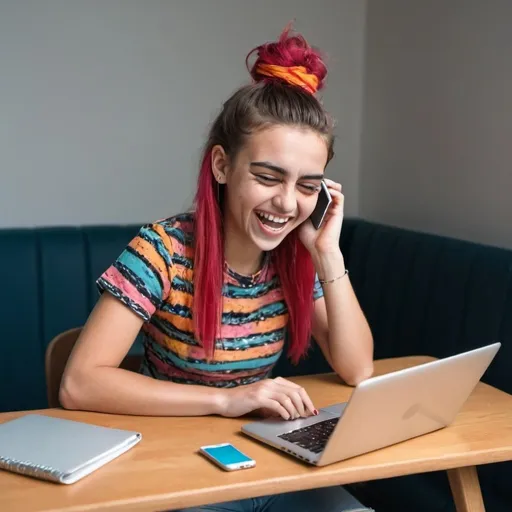 Prompt: a genz-looking girl dressed funky and look crazy but smiling having a laptop on her table but she is using a mobile phone and texting someone on the phone and her facial expression should look as if she is doesn't care