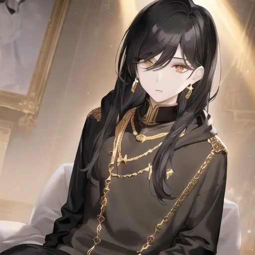 Prompt:  ((illustration));((masterpiece)); a young boy; pale skin; black hair; medium-sized hair falling in the shoulders; long bangs in the face; hazel eyes; black shirt; white hoodie; golden details in the hoodie; multiple golden necklaces; necklace; golden earrings; earrings; 8K; UHD; dimly lit; detailed eyes; 