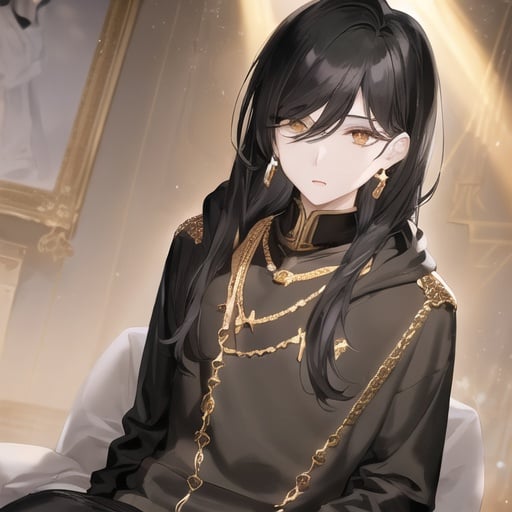 Prompt:  ((illustration));((masterpiece)); a young boy; pale skin; black hair; medium-sized hair falling in the shoulders; long bangs in the face; hazel eyes; black shirt; white hoodie; golden details in the hoodie; multiple golden necklaces; necklace; golden earrings; earrings; 8K; UHD; dimly lit; detailed eyes; 