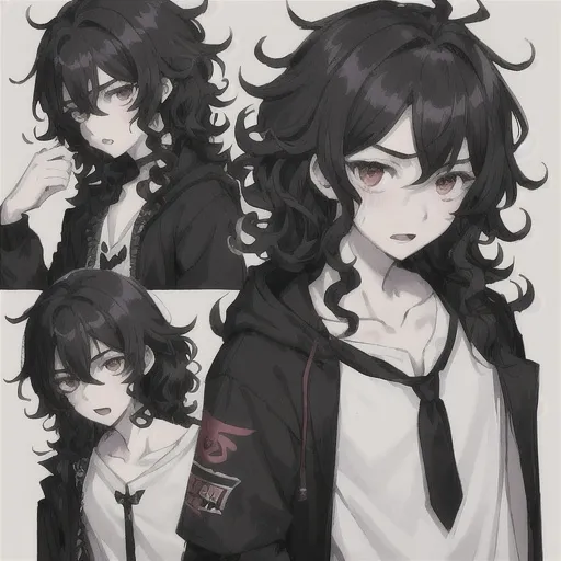 Prompt: MASTEPIECE; cute young boy pale skin, black hair; messy hair; curly hair; crazy expression; crazy-looking; unhinged; black clothes