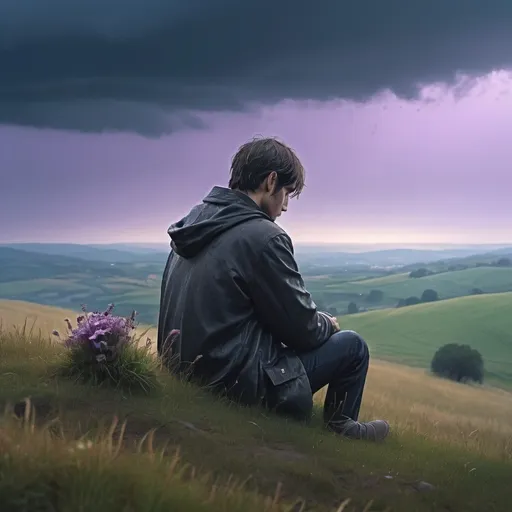 Prompt: A sad man sitting on a hill holding a withered flower violet and blue skies with raining background 