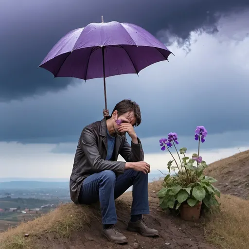 Prompt: A sad man sitting on a hill holding a withered flower violet and blue skies with raining background 