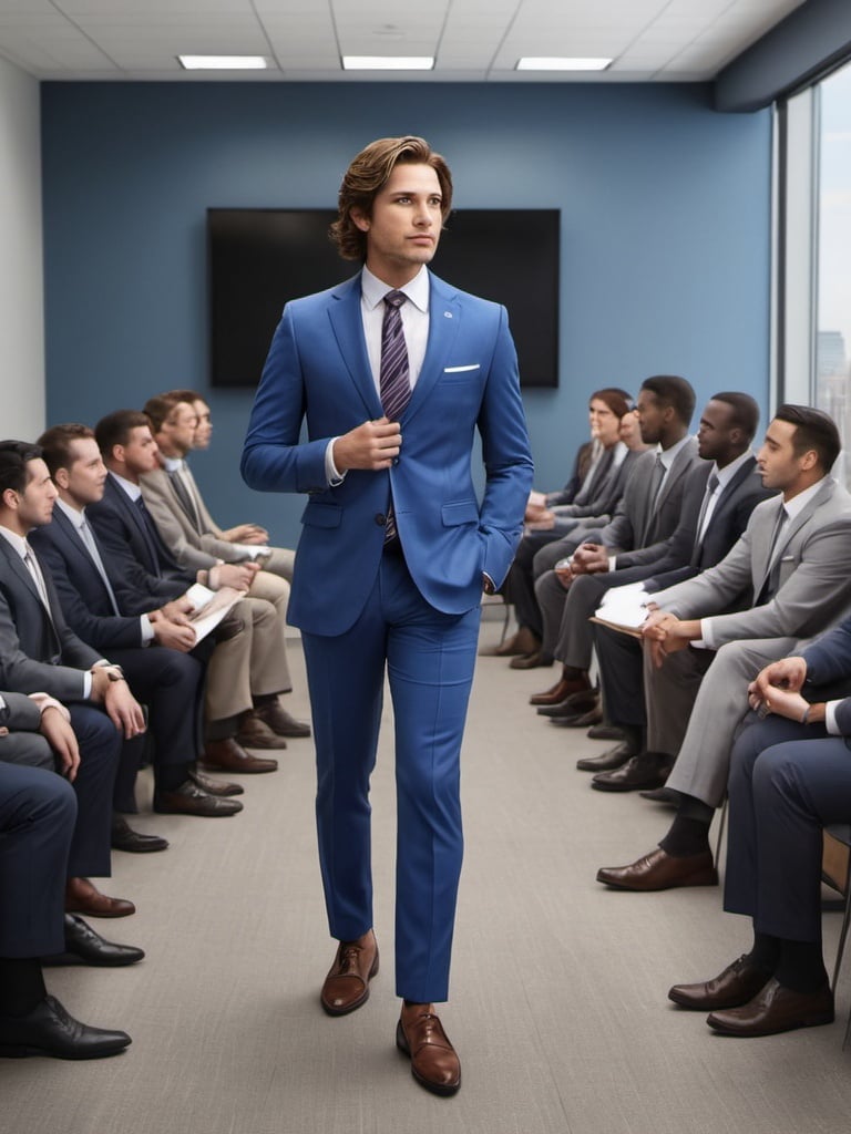 Prompt: A photorealistic, modern image of a thoughtful salesperson with brown hair dressed in a blue suit, standing in front of people in suits and shirts. The setting is a meeting room on the ground floor of a building.