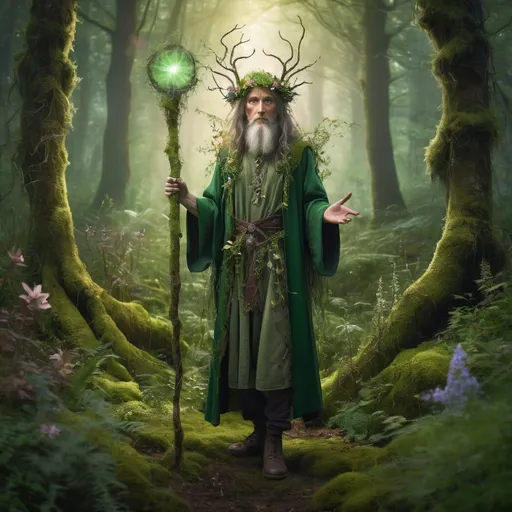 Prompt: A full body portrait of a mystical holy person standing in the middle of a mystical forest casting a spell and summoning something from around them. They have mesmerizing green eyes and a wise look, and are holding a magic glowing staff with flowers and plants grass and moss all around them. They are wearing detailed clothing and footwear, and interacting with the forest flowers and plants.