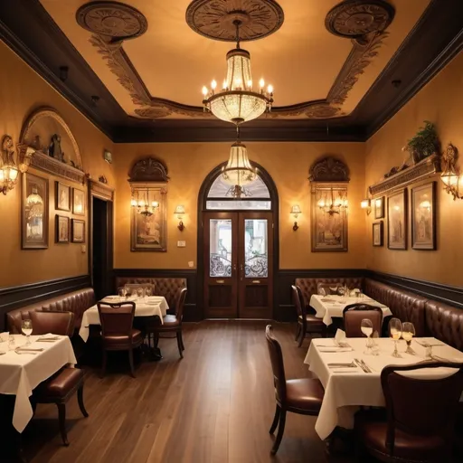 Prompt: (panoramic view of restaurant interior), an eclectic mix of (historical decor styles), featuring (traditional furniture), (period-appropriate lighting), intricate (decorative accents), a warm and inviting ambiance, soft (golden hues) illuminating the space, luxurious (textures) and ornate details, blending vintage charm with modern elegance, creating a rich and vibrant atmosphere, ultra-detailed, inviting and cozy feel.