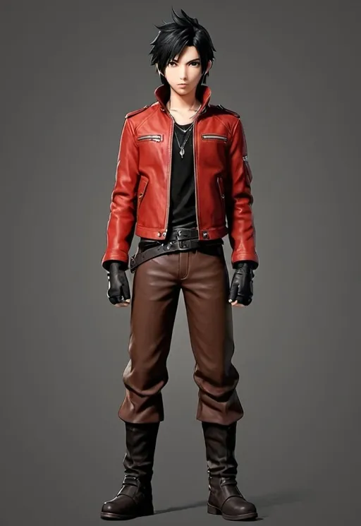 Prompt: male teen warrior, full body visible, black hair, Final Fantasy, wearing a red leather jacket, wearing brown pants, wearing black boots, in a cartoon style, character in position easy to texture