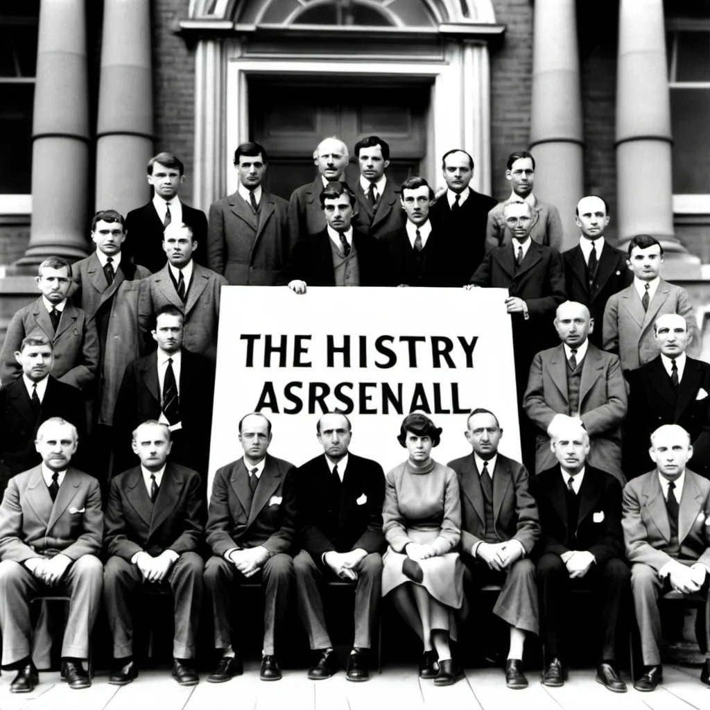 Prompt: I want a picture of 10 of the most significant recognisable people who are concreted within the history of the world to hold a big sign which reads "the history arsenal"