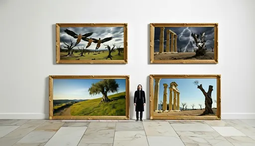 Prompt: @YXRLEe3qEp3zsfFTlgTU is standing between two very large framed pictures. He has a welcoming smile on his face