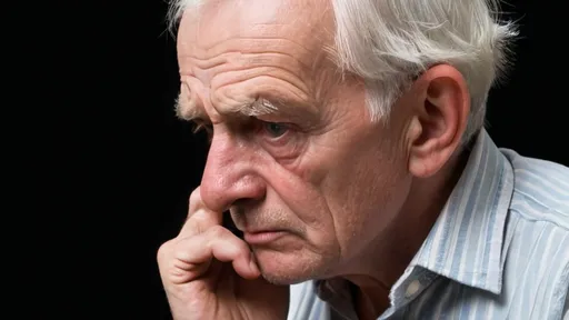 Prompt: An old British man thinking something in front of black background 