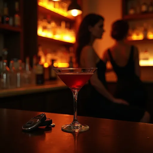 Prompt: A dimly lit, luxurious bar interior at night, with a sleek cocktail glass in the foreground on a glossy surface, soft golden lighting reflecting off the bar shelves, a pair of motorcycle keys next to the drink. In the background, a seductive woman in a tight black dress is leaning casually against the bar, girl facing viewer, partially blurred, bathed in moody red and amber light. Ambient shadows, elegant and mysterious atmosphere — cinematic style, shallow depth of field, 9:16 portrait ratio.