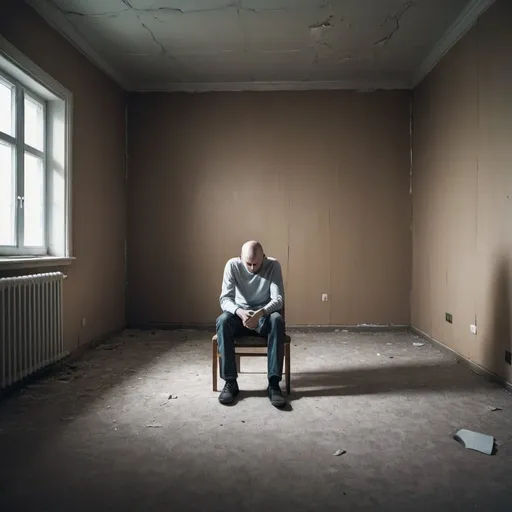 Prompt: Sad distorted man sitting in an indescribable room
