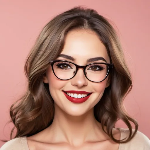 Prompt: Woman, long brown hair, brown eyes, glasses, smiling, wearing cat-eye eyeliner, red lips, peach skin, cartoony