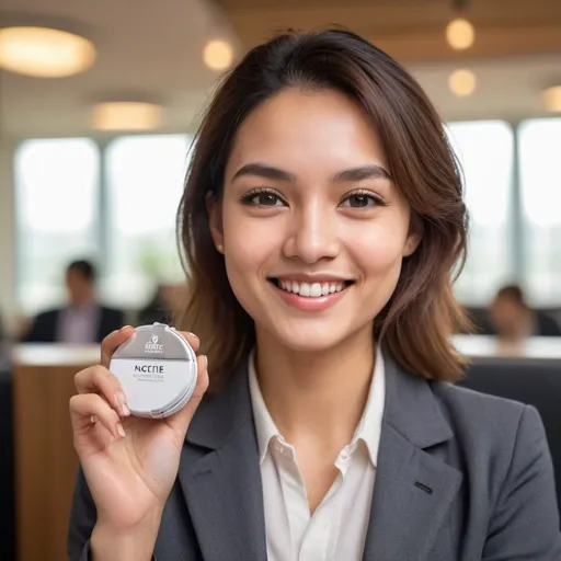 Prompt: I want a face of a smiling woman aged 25 years old who is half persian and half Finnish. Dresscode business casual. He should be holding a round nicotine pouch box in his hand (which is his top choise)