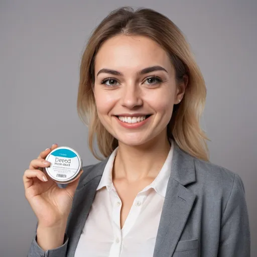 Prompt: I want a face of a smiling woman who is half persian and half Finnish. Dresscode smart casual.she is holding a round nicotine pouch pack in her hands. 