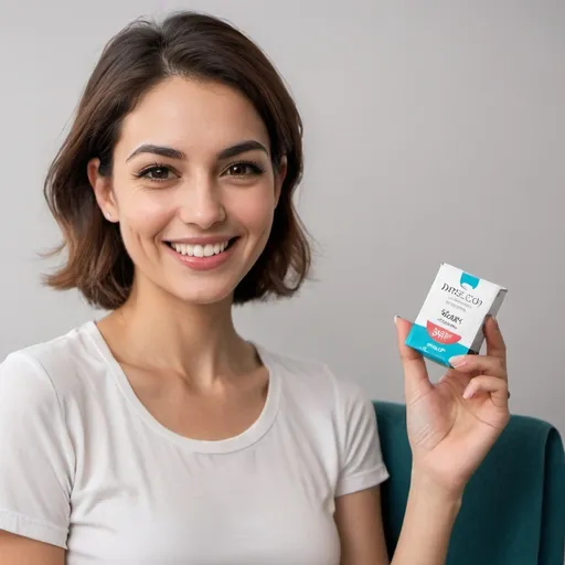 Prompt: I want a face of a smiling woman who is half persian and half american. Dresscode smart casual. she is holding round blank nicotine pouch box in her hand. left upper lip is a bit different because there is nicotine pouch, so the smile is not 100% perfect. 