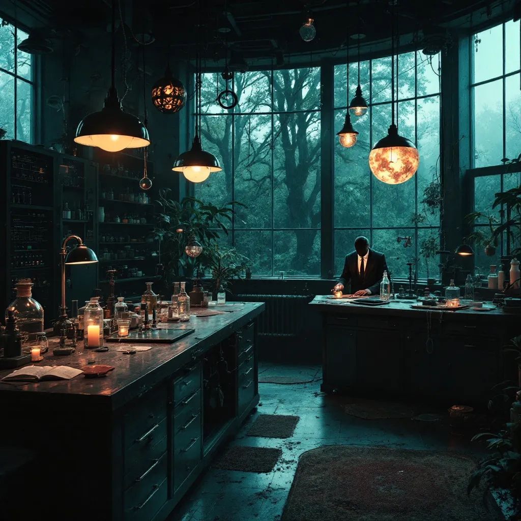 Prompt: A laboratory with dark shades and a killer lik 