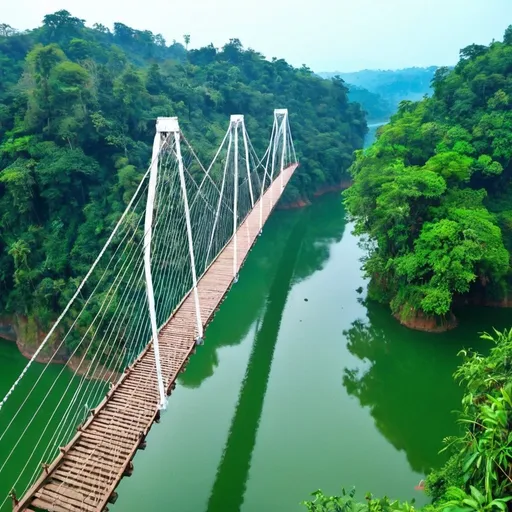 Prompt: A breathtaking view of the iconic hanging bridge over Kaptai Lake, standing majestically at 335 feet high. This historic landmark of Rangamati, despite its age, maintains an enchanting and awe-inspiring appearance. The serene waters of the lake below reflect the beauty of the bridge, surrounded by lush greenery and the tranquil ambiance of nature