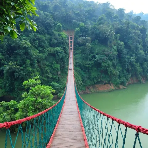 Prompt: A breathtaking view of the iconic hanging bridge over Kaptai Lake, standing majestically at 335 feet high. This historic landmark of Rangamati, despite its age, maintains an enchanting and awe-inspiring appearance. The serene waters of the lake below reflect the beauty of the bridge, surrounded by lush greenery and the tranquil ambiance of nature