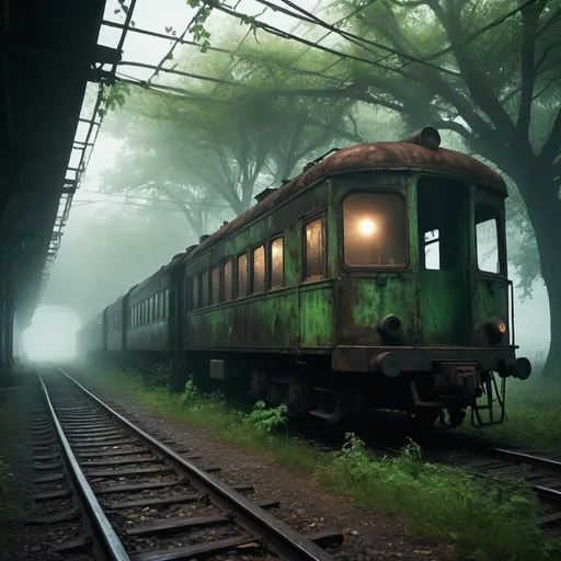 Prompt: /imagine prompt: A haunting photograph of a ভৌতিক রেল ট্রলি, shrouded in mist, old and rusted, glowing eerie green lights from the windows. Background shows a dark, abandoned train station, overgrown with vines. Shadows and fog interplay, enhancing the spooky atmosphere. Created Using: cinematic lighting, ghostly aura, hyper-realistic textures, dynamic composition, eerie mood, low-angle shot, detailed weathering, hd quality --ar 16:9 --v 6.0
