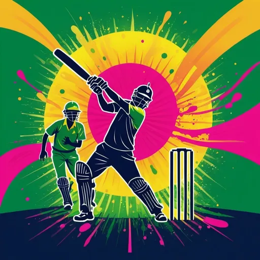 Prompt: /imagine prompt: A vibrant, colorful digital illustration of a cricket-themed poster. The background features bright yellow rays emanating from the center, with dynamic pink and red curves at the bottom. Silhouettes of cricket players in action are placed in the middle, surrounded by splashes of green and blue. The text "ক্রিকেট জমুক মাঠে কুইজ চলুক গ্রামে" is prominently displayed in the center in bold, playful Bengali font as part of the logo. Bright colors, high contrast, dynamic composition, digital illustration, HD quality --ar 16:9 --v 6.0

